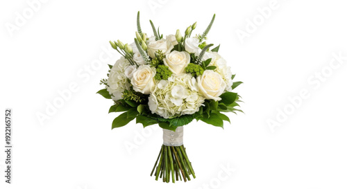 Elegant white wedding bouquet featuring roses, hydrangeas, and delicate green foliage, tied with a white ribbon, isolated on a transparent background.
