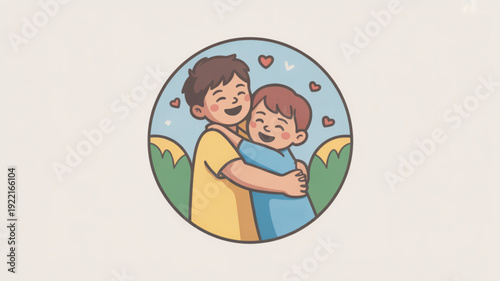 Two boys hugging with hearts and smiling in a cartoon field