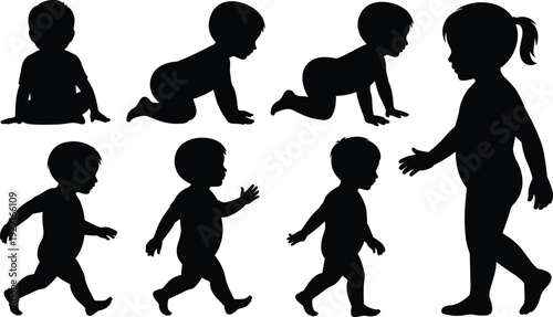 Black child silhouette sequence showing stages of growth from infancy to toddlerhood, perfect for education, pediatrics, psychology, development, and design projects
