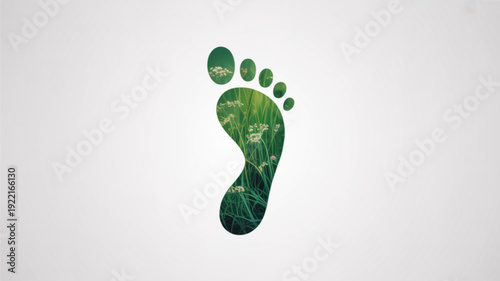 Green footprint symbol with grass texture on white background representing eco friendly and sustainable living concepts