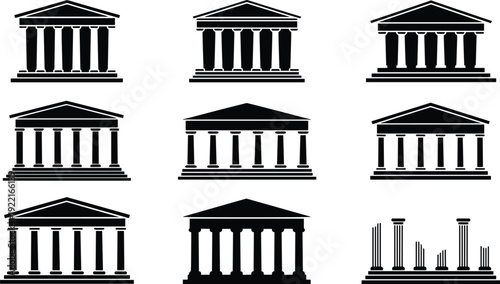 Black classical architecture silhouette set featuring nine Greek and Roman temple-style buildings with columns and pediments, including ruins, perfect for history, heritage, and design projects