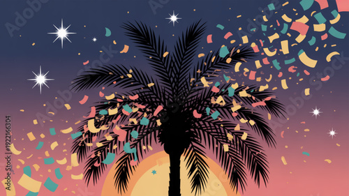 Vibrant palm tree silhouette with colorful confetti and stars at sunset