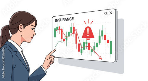 Woman analyzing insurance market graph showing financial risk and warning signal