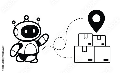 Cute Robot Delivering Packages with Location Pin