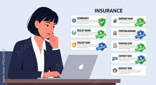 Woman analyzing insurance options on a laptop in modern office illustration
