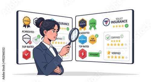 Woman analyzing insurance options using magnifying glass on digital screens