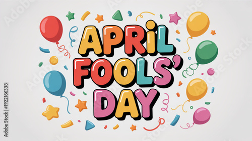 Colorful april fools' day celebration with balloons and confetti on white background
