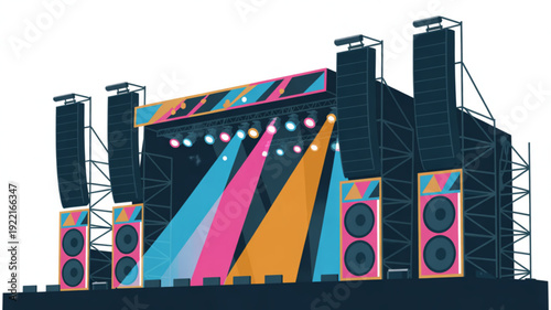 Vibrant concert stage with colorful lights and speakers for live music events and festivals