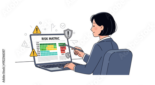 Woman analyzing risk matrix on laptop screen for business analysis concept