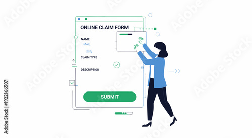 Woman interacting with online claim form interface vector illustration