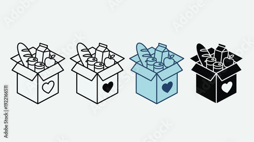 Charity Food Donation Box Icon Set: Grocery Relief Packages and Heart Care Symbols.