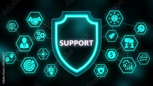 Digital Shield with Neon Glow and Connected Hexagonal Icons Representing Support and Business Concepts
