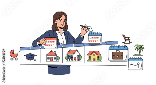 Woman planning timeline for life events and financial goals vector illustration
