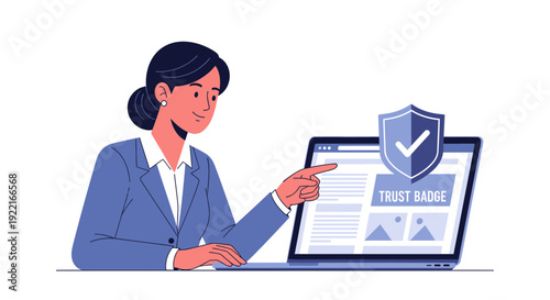 Woman pointing at laptop screen with trust badge vector illustration