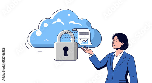 Woman presenting cloud data security and protection with padlock icon illustration