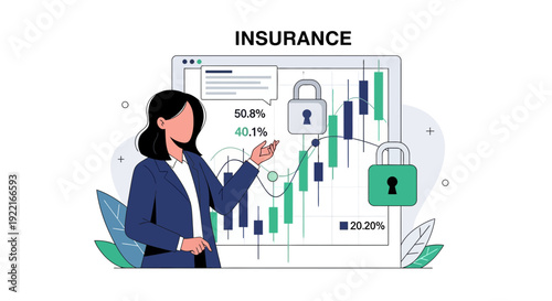Woman presenting financial data and security locks related to insurance