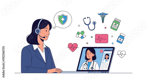 Woman providing telemedicine consultation with medical icons graphic