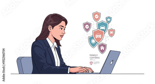 Woman presenting security concept on laptop screen with shield icons