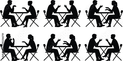 Black human silhouette illustration featuring eight pairs of people sitting at tables engaged in conversation, perfect for communication, meetings, interviews, and design projects