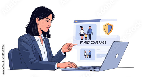 Woman reviewing family coverage on a laptop computer insurance concept