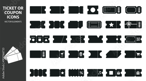 Ticket and Coupon Vector Icon Set: Black Silhouette Elements for Events and Admissions