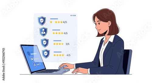 Woman reviewing security ratings on laptop screen vector illustration