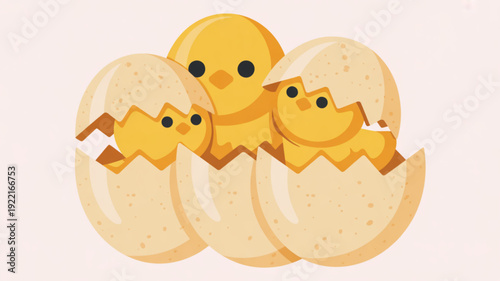 Three yellow chicks emerging from cracked eggs on white background symbolizing new life and springtime