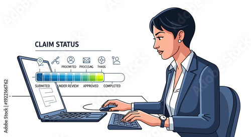 Woman reviews claim status on laptop screen business process workflow