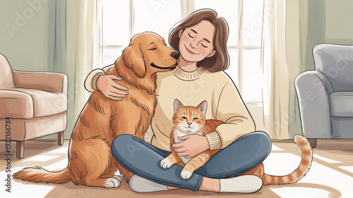 Woman sitting on floor with dog and cat in living room with sunny windows