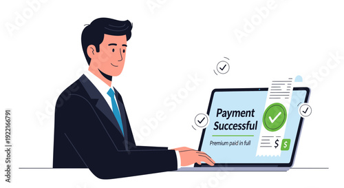 Woman reviews security ratings on laptop screen modern vector illustration