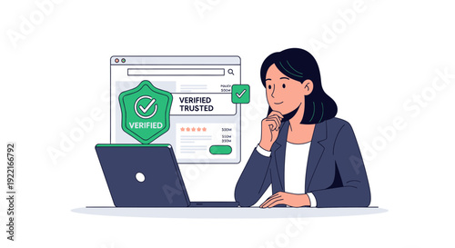 Woman reviews online security using laptop and verification elements
