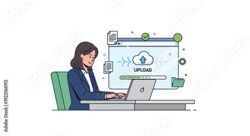 Woman uploading data to cloud server digital illustration concept