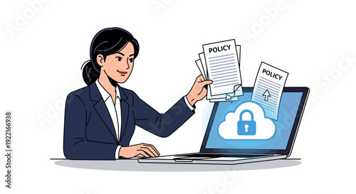 Woman uploading policy documents to secure cloud computing platform