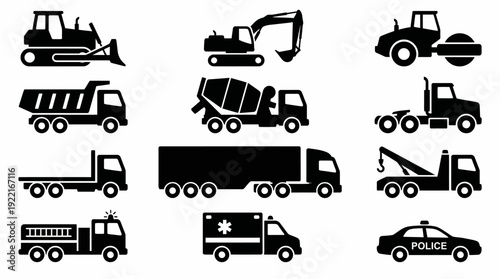Collection of heavy machinery and emergency vehicles icons in a grid layout