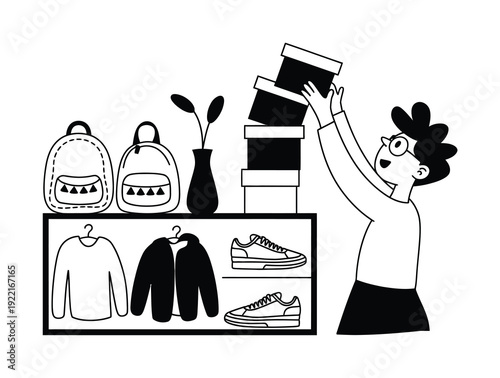 Person organizing shelves with clothing, backpacks, shoes, and boxes