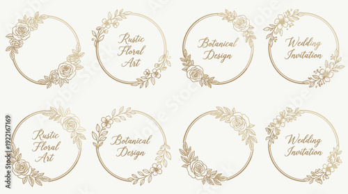 Elegant Gold Floral Wreath Frames Set, Rustic Botanical Round Borders for Wedding Invitations and Logo Design Vector
