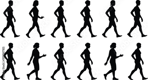 Black human silhouette set featuring twelve walking poses in sequence, ideal for motion studies, animation, biomechanics, physical therapy, and design projects