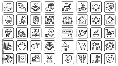 Charity and Donation Line Icons Set, Volunteering and Humanitarian Aid Vector Symbols for Nonprofit Organization