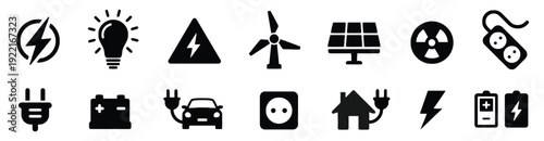 Energy icons electricity symbols renewable power generation and consumption