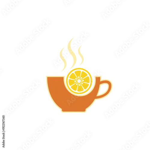 Orange slice in steaming cup of tea on white background  