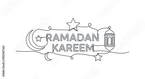 A delicate hand drawn illustration depicts the phrase ramadan kareem with celestial elements and a lantern high quality professional