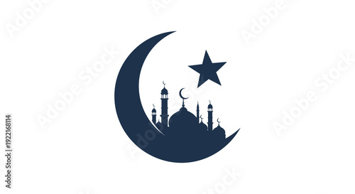 A dark blue silhouette depicts a crescent moon star and mosque representing islamic faith and traditions high quality