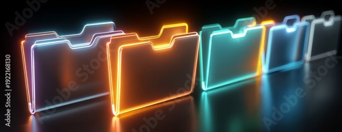 Neon illuminated digital folders in a row on dark reflective surface  