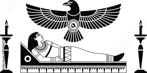 Ancient Egyptian Funerary Scene with Figure on a Bier and Protective Falcon Deity, Concept of Mythological Afterlife, Divine Spiritual Guidance, and Historical Ritual Vector Illustration