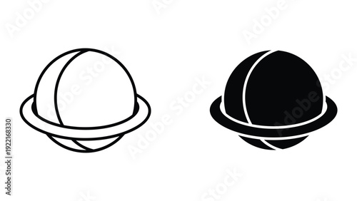 Black and white illustration of a planet with rings