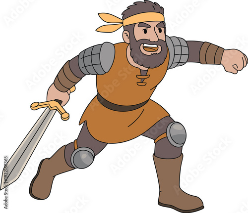 Brave Warrior Lunging with Sword and Clenched Fist on a White Background, Concept of Heroic Combat, Historical Fantasy Fighter, Valiant Pursuit of Victory, and Action Character Vector Illustration