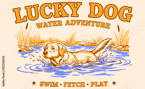 Lucky Dog Water Adventure logo illustration. Happy labrador swimming, playing in water. Vintage style pet club graphic for t-shirt, poster. Swim, fetc