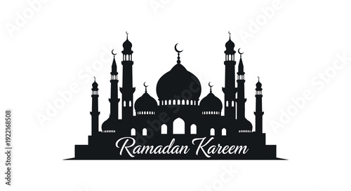 A striking black silhouette depicts a mosque with minarets and a crescent moon alongside Ramadan Kareem text