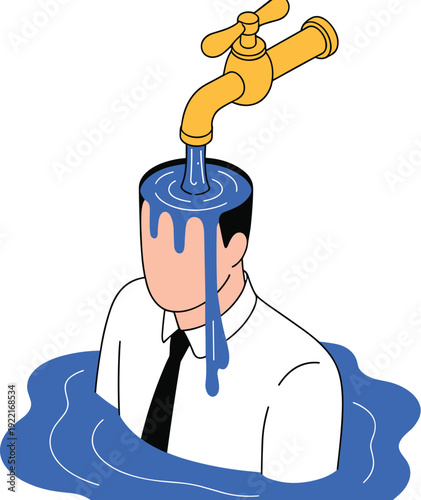 Businessman with Water Pouring from a Faucet into His Head on a Teal Background, Concept of Information Overload, Mental Burnout, Cognitive Flooding, and Stress Management Vector Illustration