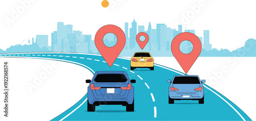 Cars Traveling on a Highway with Red GPS Location Pins on a City Skyline , Concept of Smart Mobility, Real-Time Vehicle Tracking, Navigation Technology, and Urban Logistics Vector Illustration